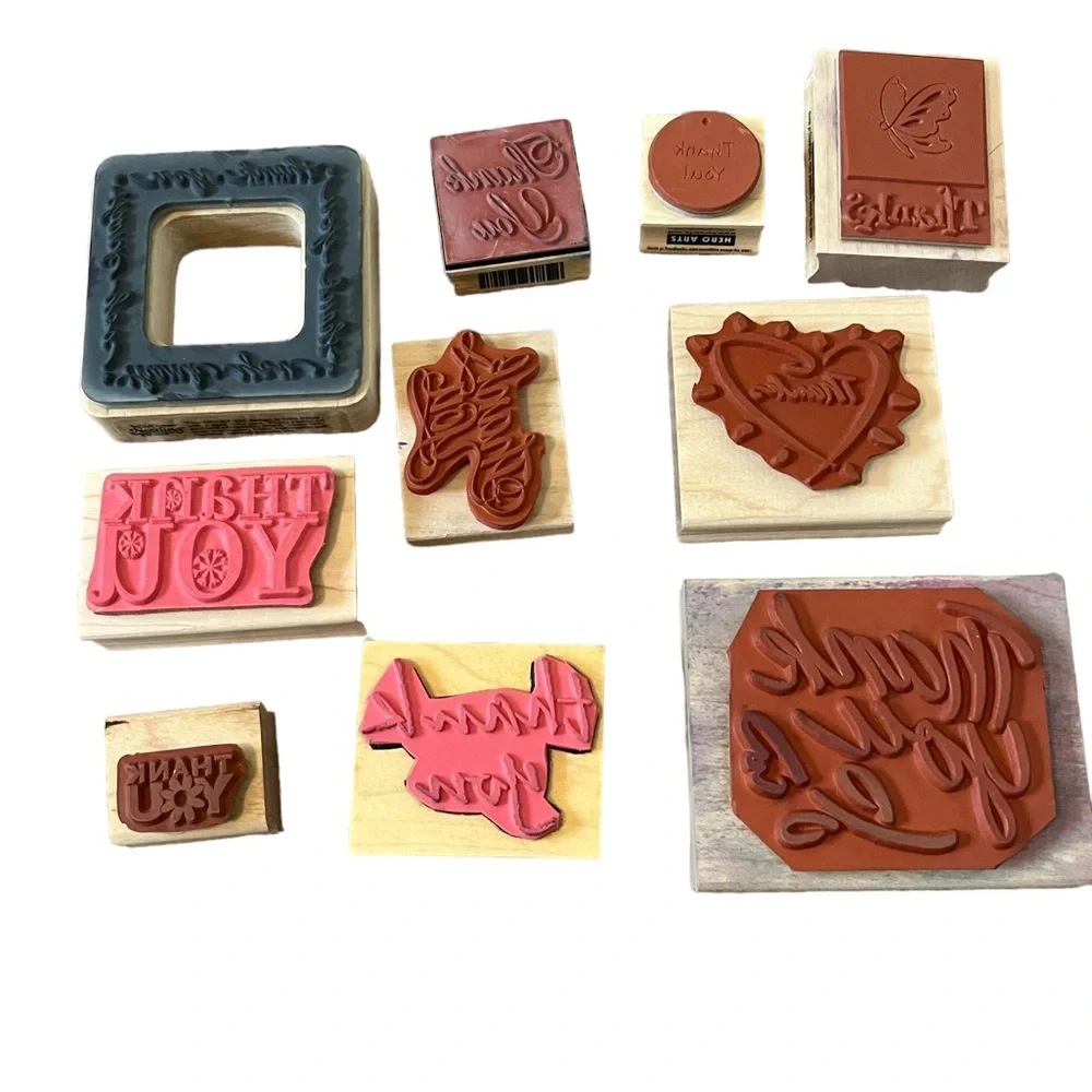Lot of 10 thank you rubber stamps. Most of the stamps are brand new.